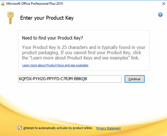 Nhập Office 2010 product key vào ô "Continue"